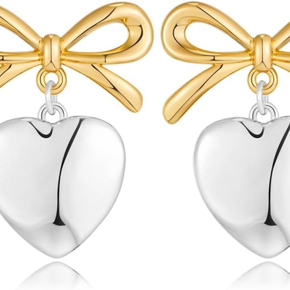 Gold Heart Dangle Earrings For Women Ribbon Bow Dangle Earrings